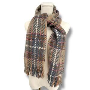 Donegal scarf 100% pure new wool silk blend fringe plaid velvet lined earthy tan